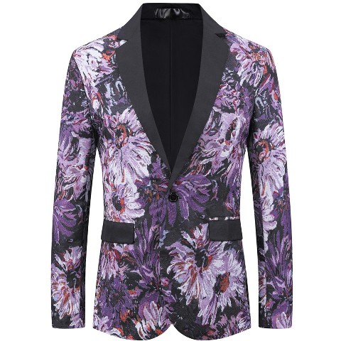 INSPIRE CHIC Men's Single Button Notch Lapel Prom Flower Print Suit Jacket Medium Purple Black