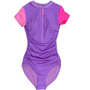 RuffleButts UPF50+ Women's Quarter Zip Short Sleeve One Piece Rash Guard Swimsuit - 1 of 2