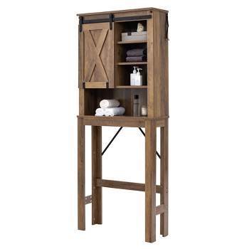 Costway Toilet Storage Rack with Sliding Barn Door & Adjustable Shelves, Rustic Brown