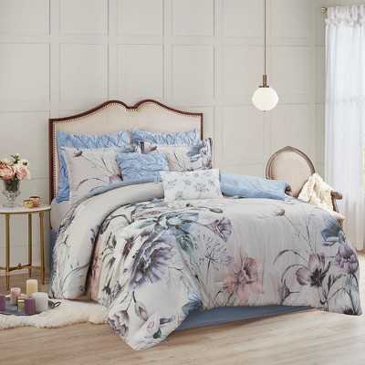 Cassandra Shabby Chic Queen Cotton Comforter Set in Soft Blue