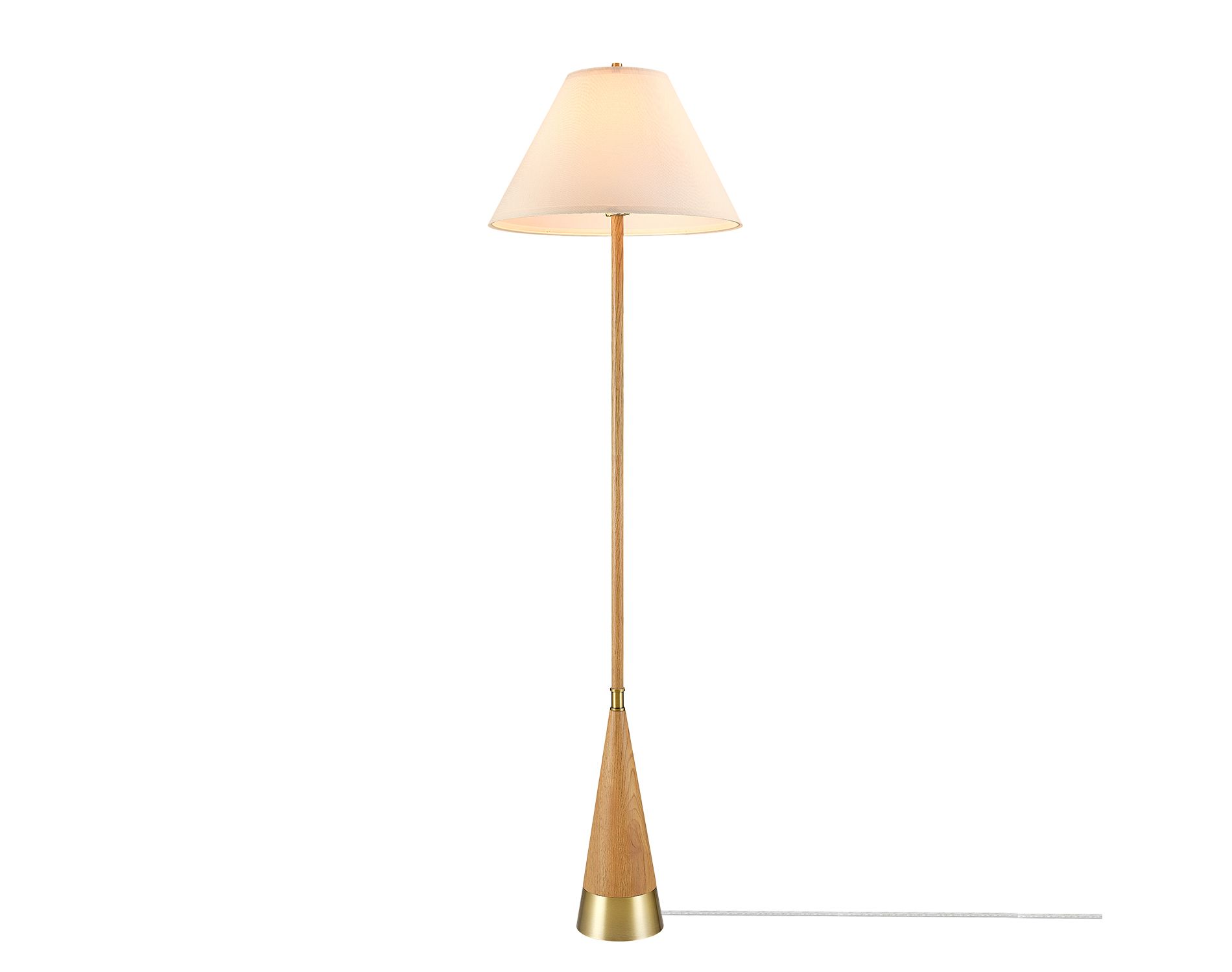 Globe Electric 63" Wood Toned Floor Lamp with Matte Brass Plated Accent and White Fabric Shade