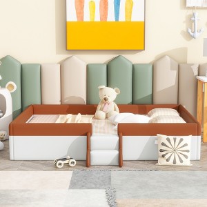 Whisen Twin Size Upholstered Floor Bed & Daybed with Fence and Two-Tier Staircase - 1 of 4