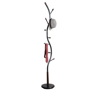 SEVOBAL Freestanding Coat Rack Metal Stand with 9 Hooks Stable Round Base Modern White Oak Design, Black, 11"*11"*74.8" - 1 of 4
