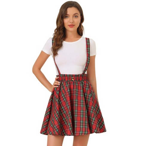 Allegra K Women's Plaid Pleated Mini Tartan Overall Skater Suspender Skirt  Red Green XL