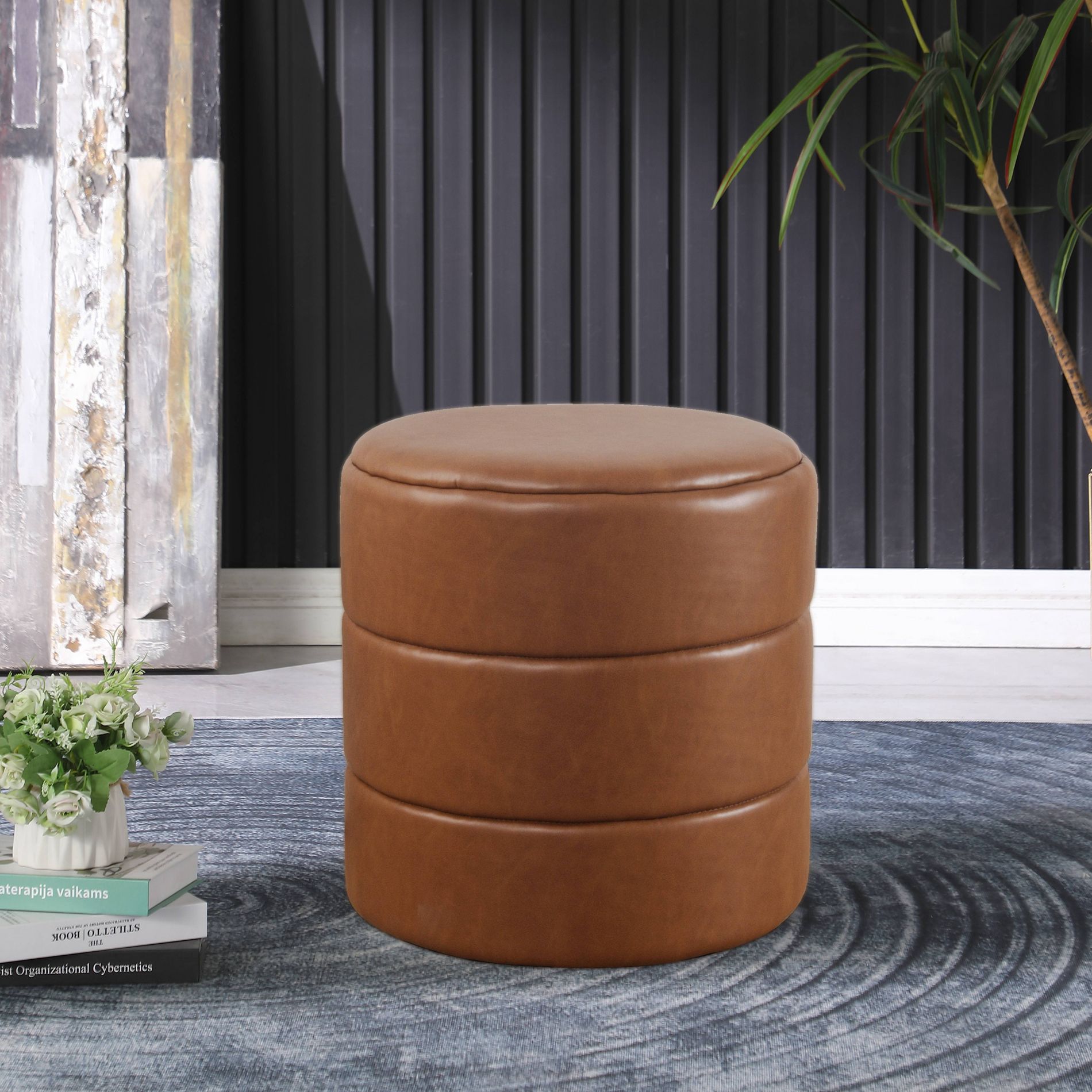 Round Upholstered Ottoman Caramel Faux Leather - HomePop: Channel Tufted, No Assembly Required