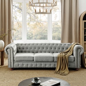 Tufted Linen/PU Upholstered Chesterfield 3-Seater Sofa with Scrolled Arms and Nailhead Trim, Classic Living Room Couch in Gray/Dark Gray - ModernLuxe - 1 of 4