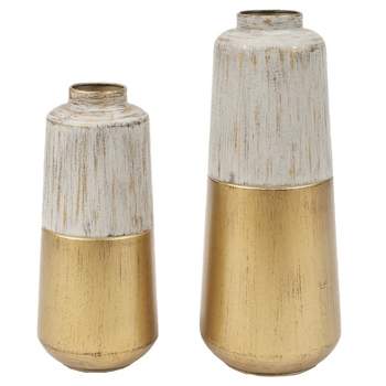 LuxenHome Set of 2 Distressed Gold and White Metal Bottle Vases