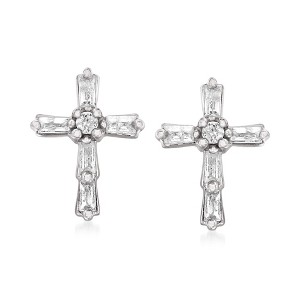 Ross-Simons 0.22 ct. t.w. Baguette and Round Diamond Cross Earrings in Sterling Silver - 1 of 4