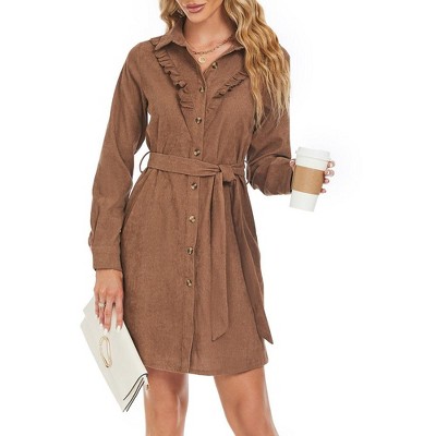 Women's Corduroy Dress Ruffle Hem High Waist Button Front Solid Color Dress With Belt