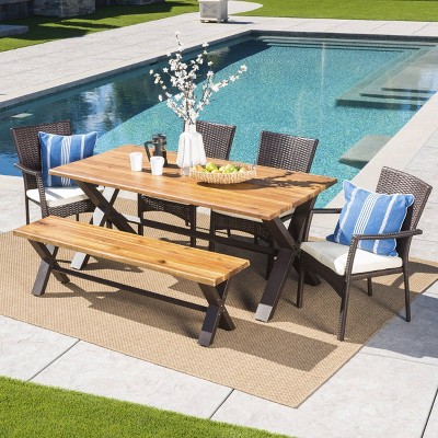 Brandywine 6pc Acacia Wood/Wicker Patio Dining Set - Brown/Cream - Christopher Knight Home