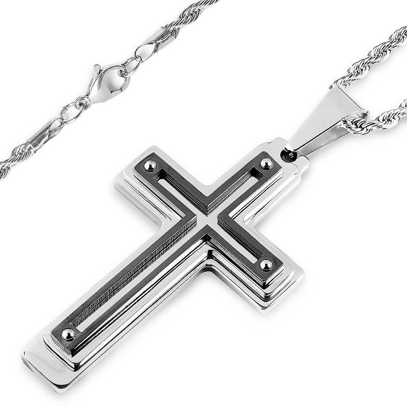 Men's West Coast Jewelry Silvertone and Blackplated Stainless Steel Multi-layer Cross Pendant, 2 of 4