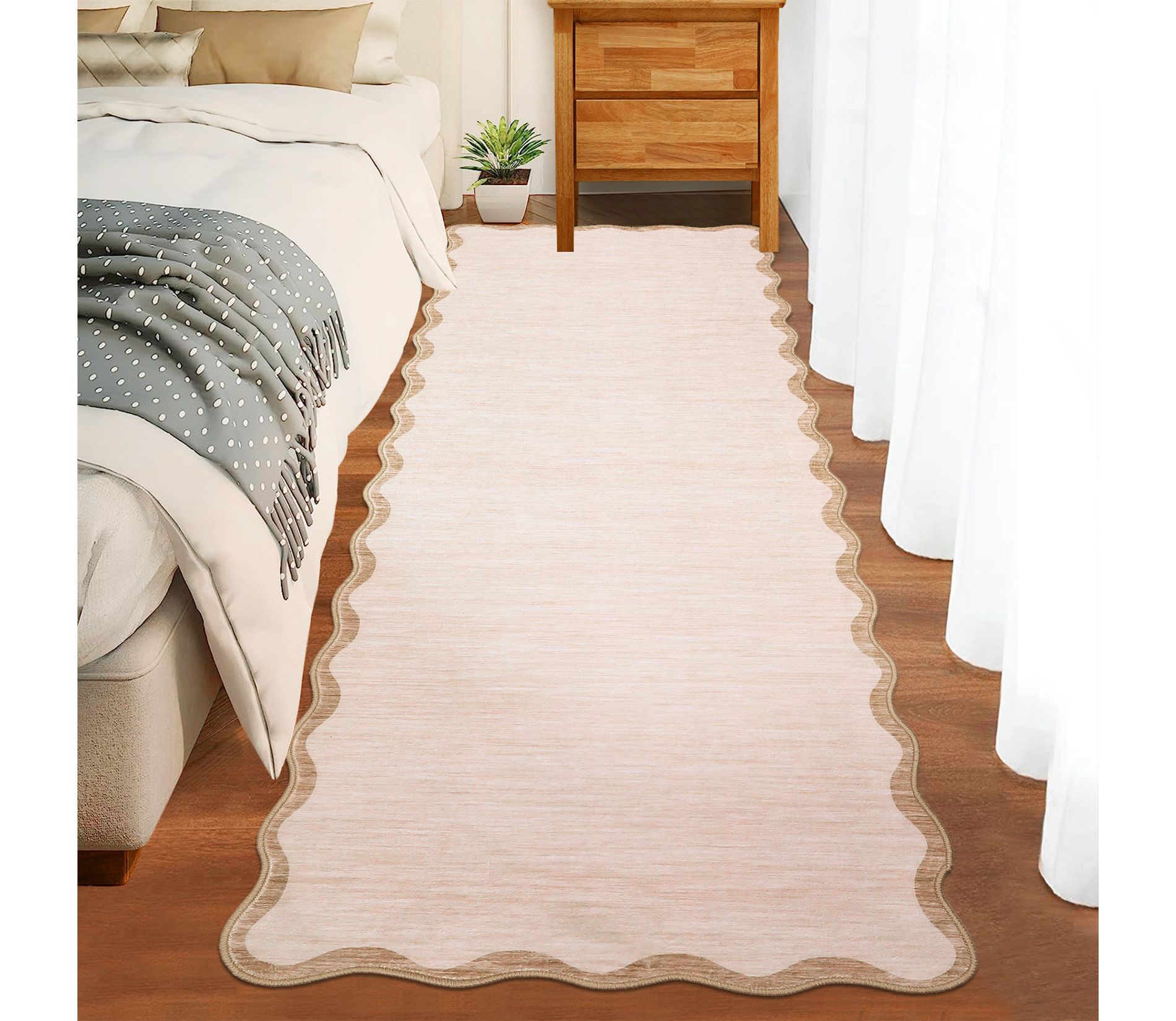 Scalloped Edge Area Rugs for Living Room Bedroom Modern Washable Rug Soft Non Slip Low Pile Accent Carpet