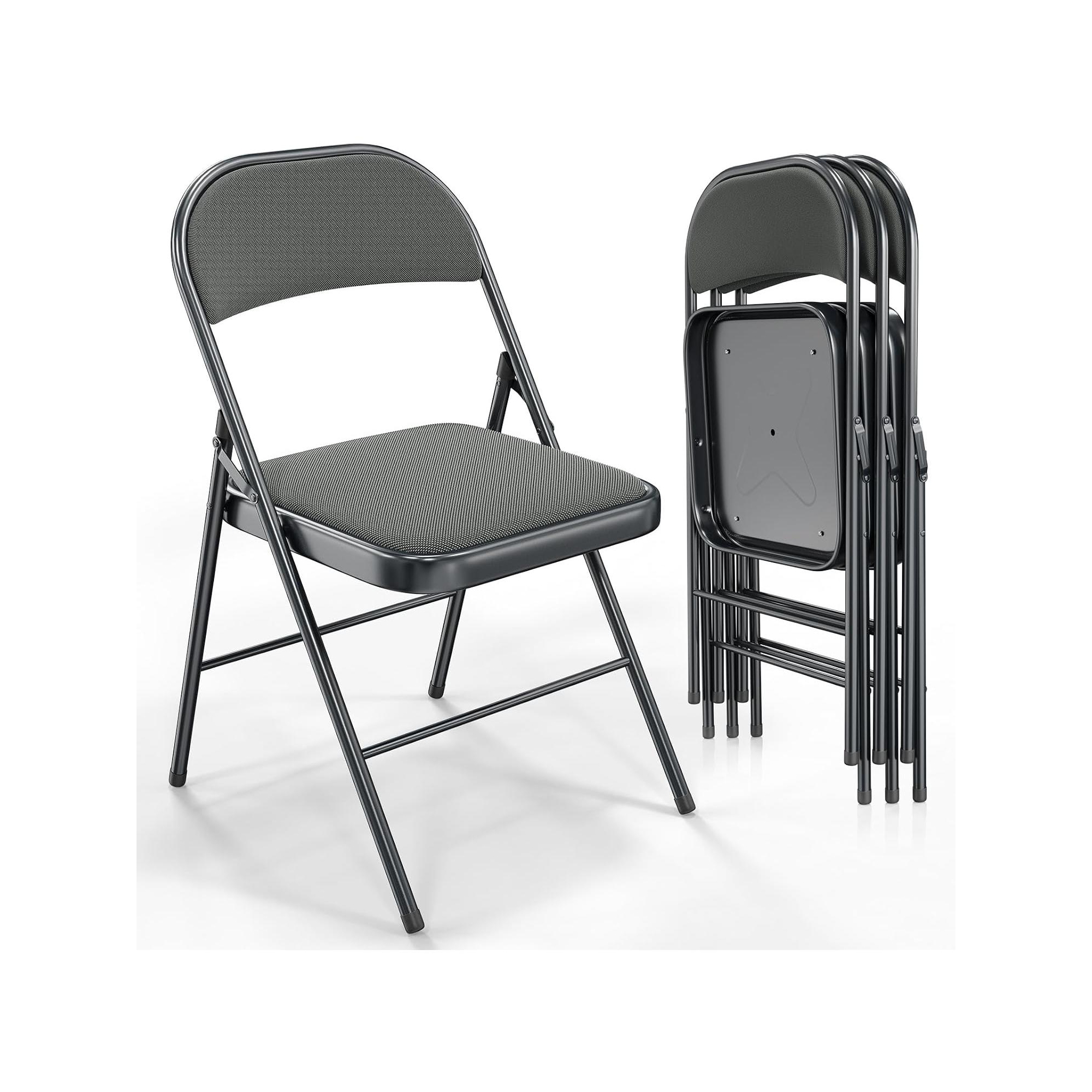 VINGLI 4 Pack Folding Chairs with Padded Seats, Metal Frame with Fabric Seat & Back, Capacity 350 lbs, Gray, Set of 4
