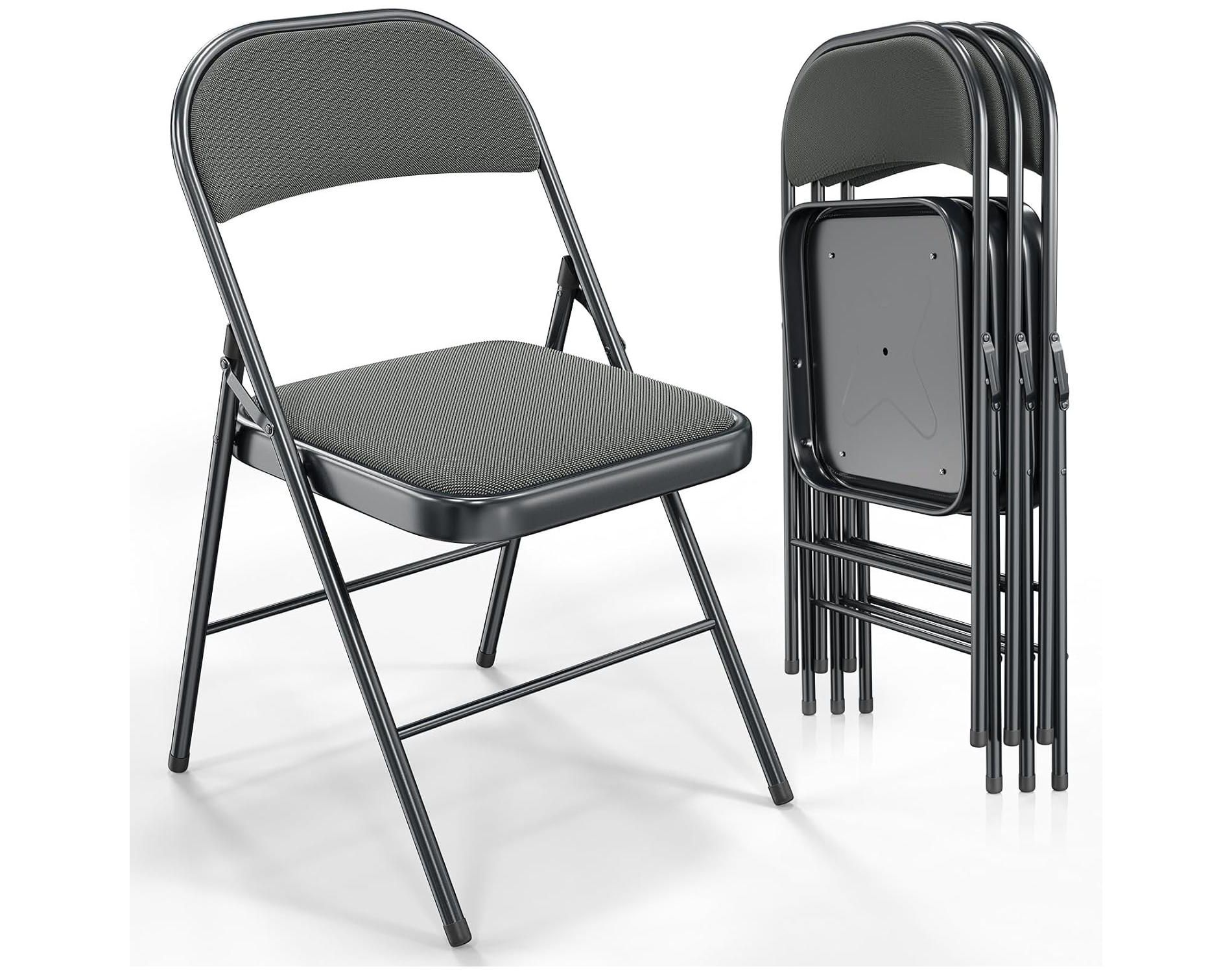VINGLI 4 Pack Folding Chairs with Padded Seats, Metal Frame with Fabric Seat & Back, Capacity 350 lbs, Gray, Set of 4