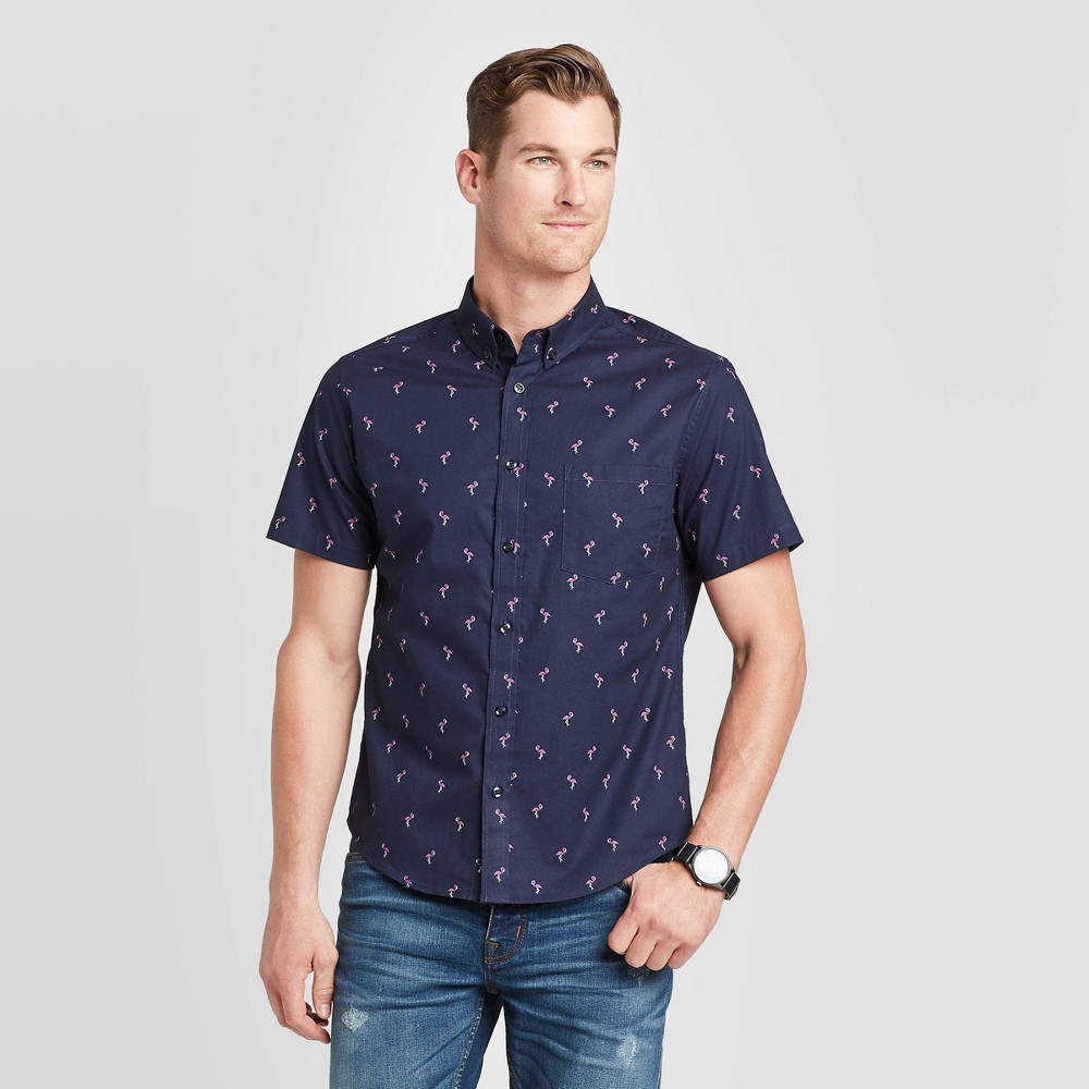 Men's Standard Fit Flamingo Print Short Sleeve Poplin Button-Down Shirt - Goodfellow & Co Navy S, Men's, Size: Small, Blue was $19.99 now $12.0 (40.0% off)