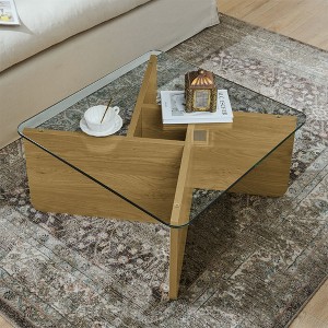 CAVINAS Mid-Century Square Coffee Table with Tempered Glass Top,Unique Wooden Center Table for Living Room,Apartment - 1 of 4
