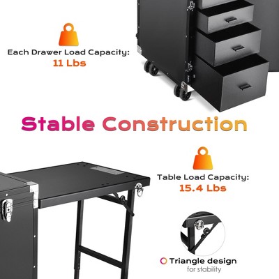 Black Aluminum Rolling Makeup Train Case with Expandable Table
