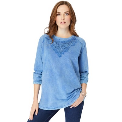 Roaman's Women's Plus Size Lace Appliqué Acid Wash Sweatshirt