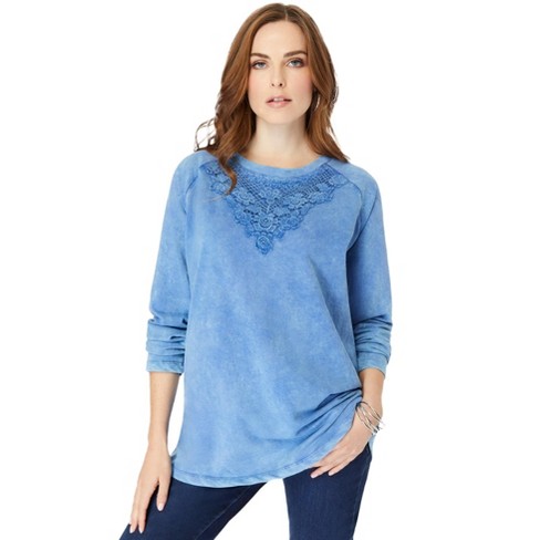 Roaman's Women's Plus Size Lace-Appliqué Acid Wash Sweatshirt - image 1 of 4