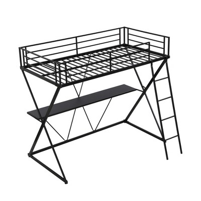 Twin Size Metal Loft Bed with Desk, Ladder and Full-Length Guardrails & X-Shaped Frame,for Kids, Teens, Adults,Black