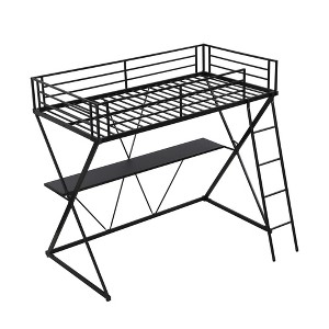Twin Size Metal Loft Bed with Desk, Ladder and Full-Length Guardrails & X-Shaped Frame,for Kids, Teens, Adults,Black - 1 of 4