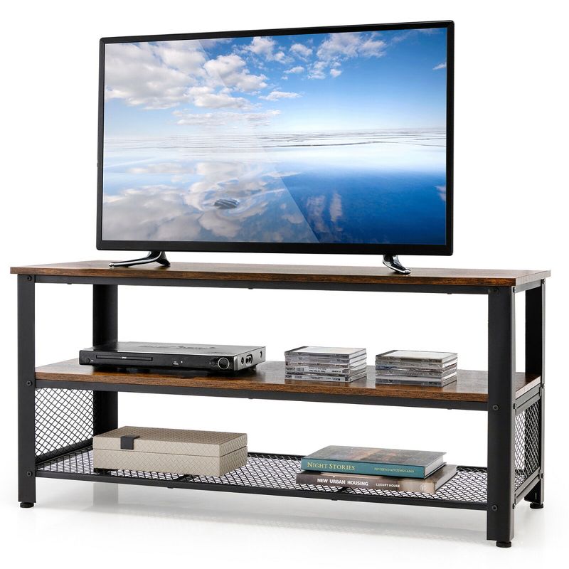 Tangkula 3-Tier Industrial TV Stand Entertainment Media Center Console w/ Metal Mesh Shelf, 1 of 11