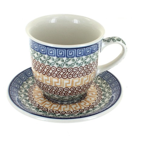 Pottery Cappuccino Cup and Saucer, Blue and White 