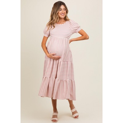 PinkBlush Mauve/Beige Striped Short Sleeve Tiered Maternity Maxi Dress