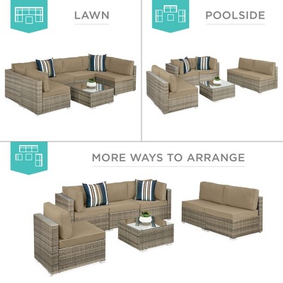 Taupe Wicker 7-Piece Outdoor Modular Patio Set with Beige Cushions