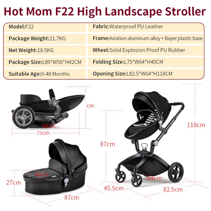 Hotmom Stylish Baby Stroller: Height-Adjustable Seat and Reclining Baby Carriage, 2 of 6