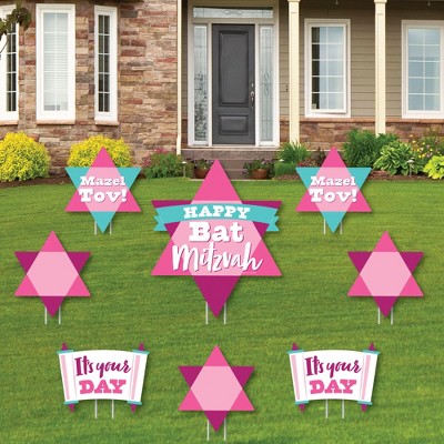 Big Dot of Happiness Pink Bat Mitzvah - Yard Sign and Outdoor Lawn Decorations - Girl Party Yard Signs - Set of 8