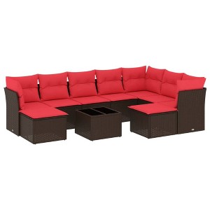 vidaXL 10 Piece Patio Sofa Set with Cushions Brown and Red Poly Rattan - With Table - 1 of 4