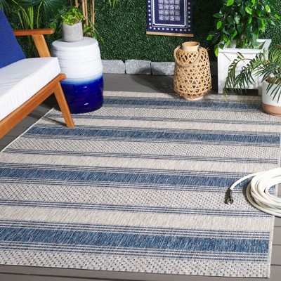 Gray and Navy Striped Synthetic Indoor/Outdoor Rug