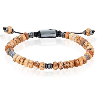 Crucible Men's Rondelle Shaped Picture Jasper and Hematite Stone Adjustable Bracelet (6mm)