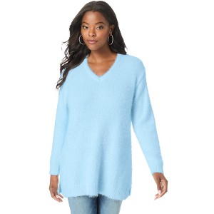 Roaman's Women's Plus Size Eyelash V Neck Sweater - 1 of 4