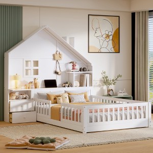 Full Size House Bed with Window and Bedside Drawers for Kids or Teens Bedroom - 1 of 4