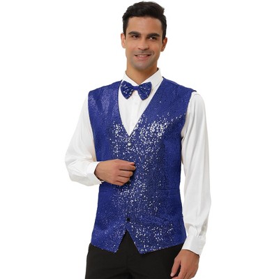 Lars Amadeus Men's Sequin Shiny Slim Fit Sleeveless Suit Waistcoat Set with Bow Tie