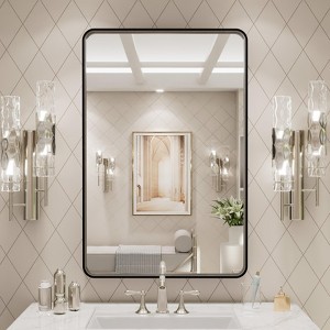 Vynxaria 24x30 Inch Black Aluminium Frame Bathroom Mirror - Clear Reflection & Safe Design - 1 of 4