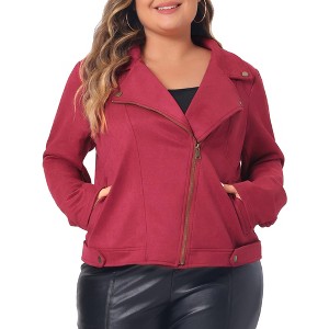 Agnes Orinda Women's Plus Size Faux Suede Lapel Collar Long Sleeve Zipper Moto Jacket - 1 of 4