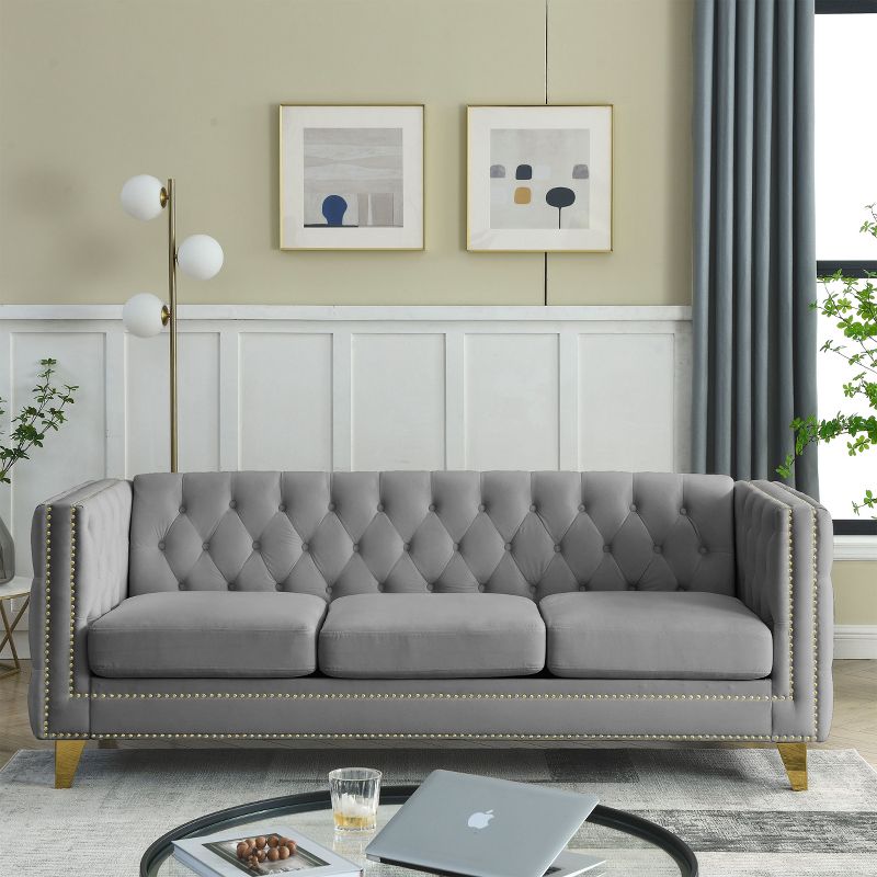 Living Room Modern Velvet Sofa With Button Tufted Square Arms And Metal Legs - ModernLuxe, 2 of 14