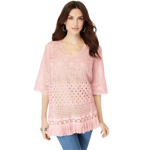 Roaman's Women's Plus Size Fringed Crochet Sweater - 1 of 4