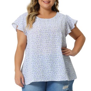 Agnes Orinda Women's Plus Size Floral Ruffle Short Sleeve Chiffon Round Neck Casual Summer Blouses - 1 of 4