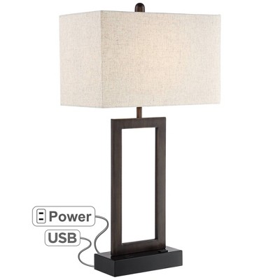 360 Lighting Modern Table Lamp with USB and AC Power Outlet in Base Bronze Rectangular Oatmeal Fabric Shade for Living Room Office