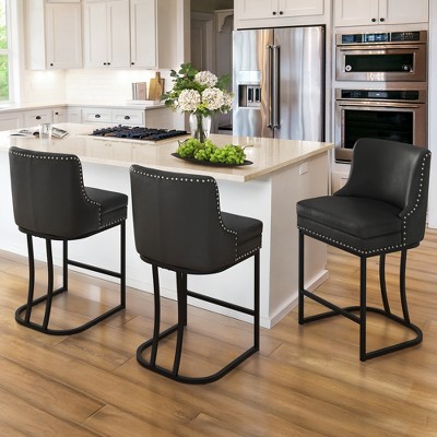 Bar Stools Set of 2, Modern Counter Height Bar Stools with Backrest Faux Leather Double Upholstered Barstools with Metal Frames for Kitchen Island