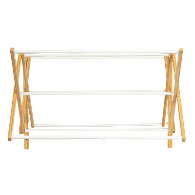 Bamboo and White Metal Wall Mount Extendable Drying Rack