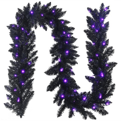 Costway 9ft Pre-lit Christmas Halloween Garland Black w/ 50 Purple LED Lights
