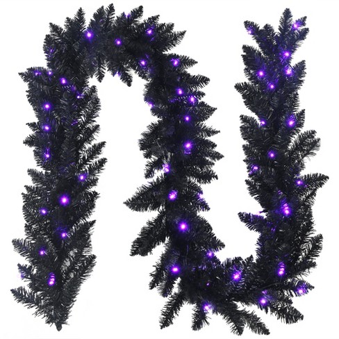 Costway 9ft Pre-lit Christmas Halloween Garland Black w/ 50 Purple LED  Lights