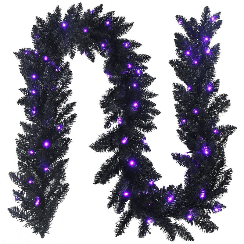 Costway 9ft Pre-lit Christmas Halloween Garland Black w/ 50 Purple LED Lights, 1 of 11