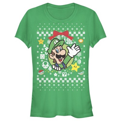 Juniors Womens Nintendo Ugly Christmas Luigi Wreath T-Shirt