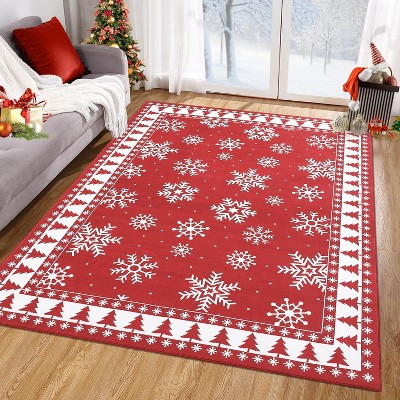Christmas Area Rug, Xmas Tree & Snowflake Carpet, Washable Non-Slip Stain-Resistant Holiday Decorative Floor Cover